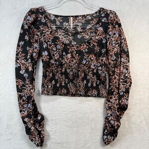 Free People Black Floral Smocked Long Sleeve Crop Top